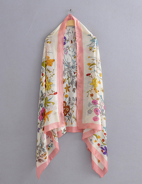Fashion Pink Contrast Border Flower Print Simulation Silk Scarf