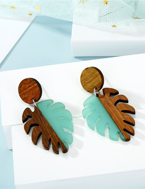 Fashion Blue Hollow Leaf Wood Resin Earrings