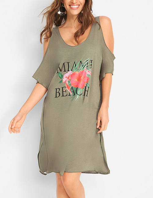 Fashion Army Green Off-the-shoulder Printed Knitted Stretch-cotton Dress