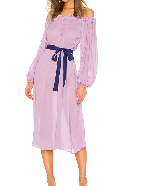 Fashion Light Purple Chiffon One-neck Belted Long Sleeve Dress
