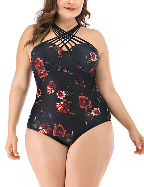 Fashion Black Flower Print Halter Cutout Plus Size One-piece Swimsuit