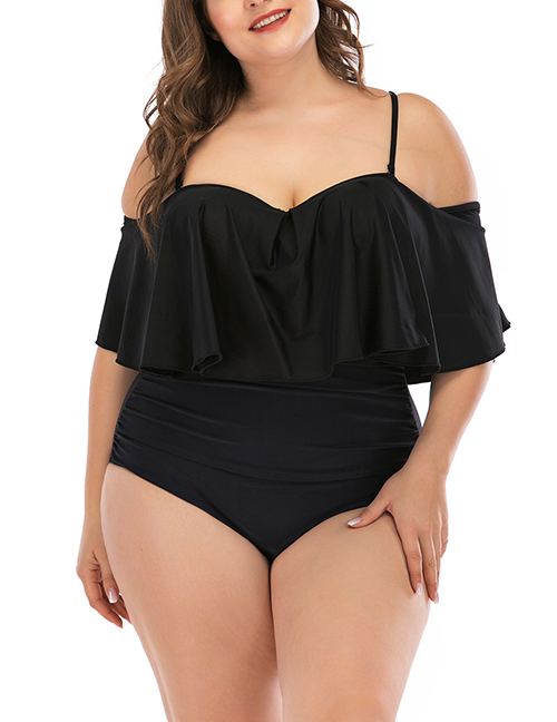 Fashion Black Ruffled Pleated Plus Size One-piece Swimsuit