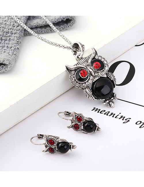 Fashion Black Owl Diamond Earrings Necklace Set