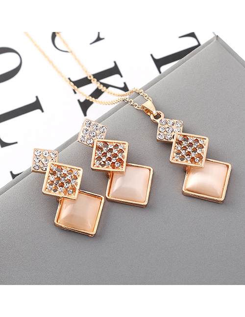 Fashion Pink Geometric Square Diamond Earrings Necklace Set