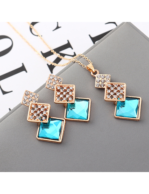 Fashion Sea Blue Geometric Square Diamond Earrings Necklace Set