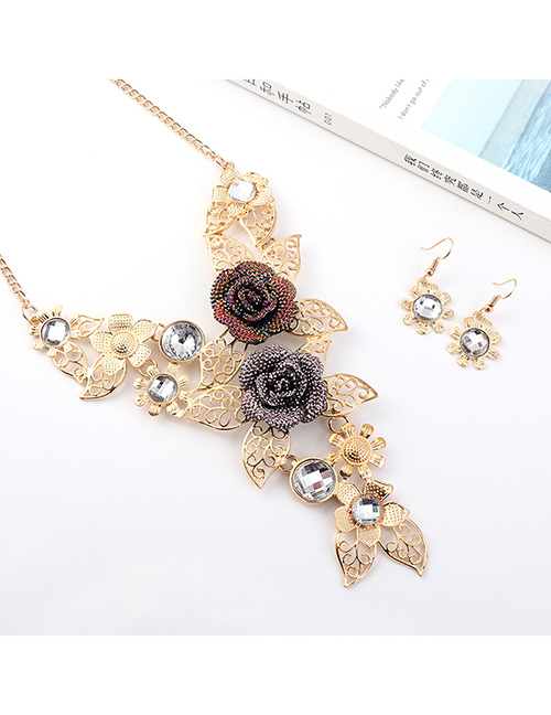 Fashion Gold Flower Diamond Earrings Necklace Set