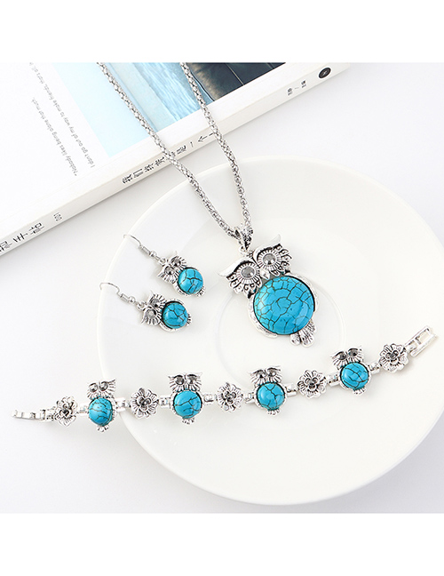 Fashion Blue Owl Diamond Earrings Necklace Bracelet Set