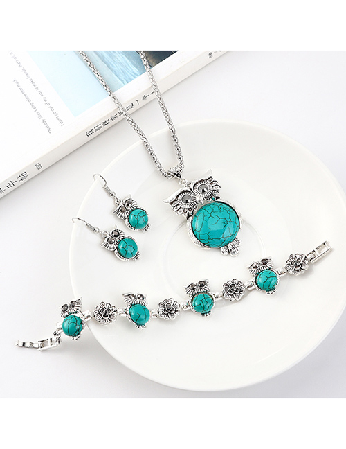 Fashion Blue Owl Diamond Earrings Necklace Bracelet Set