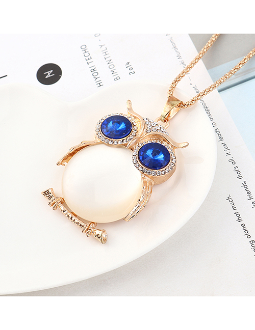 Fashion Champagne Gold + White + Blue Owl With Diamond Necklace