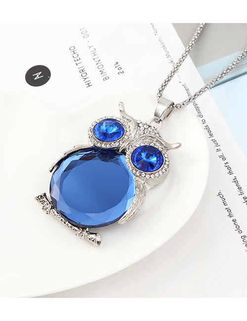 Fashion Platinum + Blue Owl With Diamond Necklace