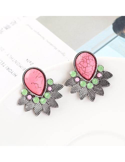 Fashion White K+ Pink Leaf And Diamond Earrings