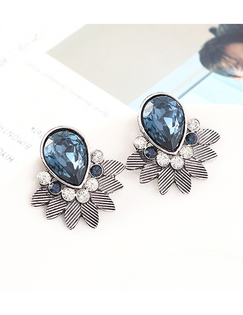 Fashion White K+ Ink Blue Leaf And Diamond Earrings