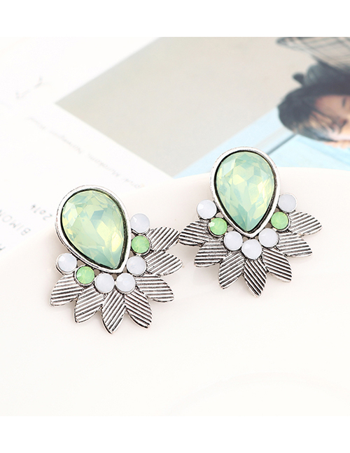 Fashion White K+ Light Green Leaf And Diamond Earrings