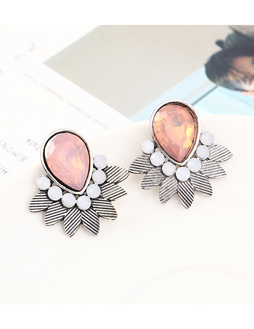 Fashion White K+ Pink Leaf And Diamond Earrings