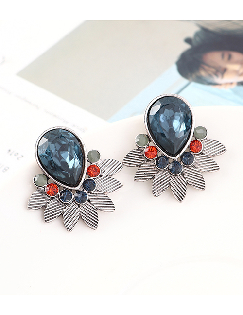Fashion White K+ Ink Blue Leaf And Diamond Earrings