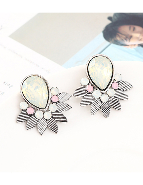 Fashion White K+ White Leaf And Diamond Earrings
