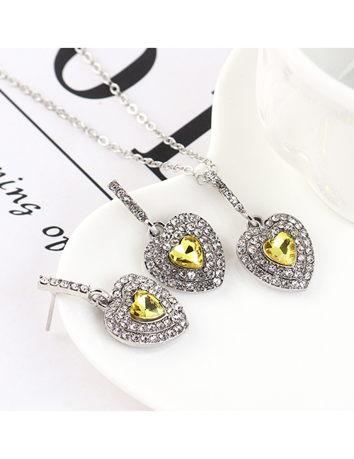 Fashion Purple Yellow Heart-studded Necklace Earring Set