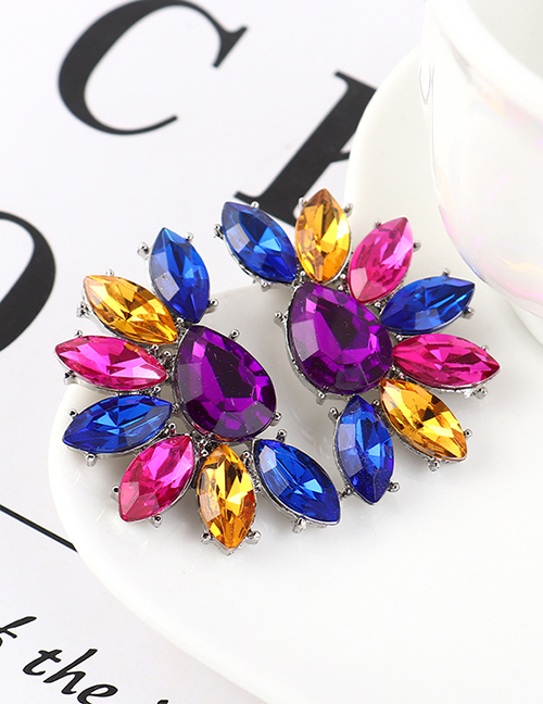 Fashion Purple + Blue + Yellow Half Flower And Diamond Earrings