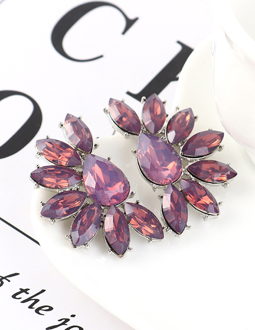 Fashion Purple Half Flower And Diamond Earrings