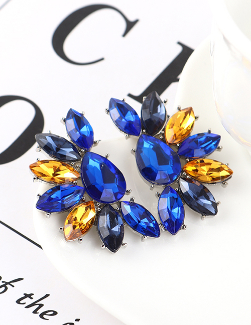 Fashion Dark Blue + Yellow + Ink Blue Half Flower And Diamond Earrings