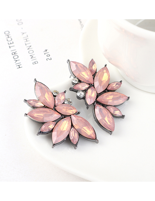 Fashion Pink Half Flower And Diamond Earrings