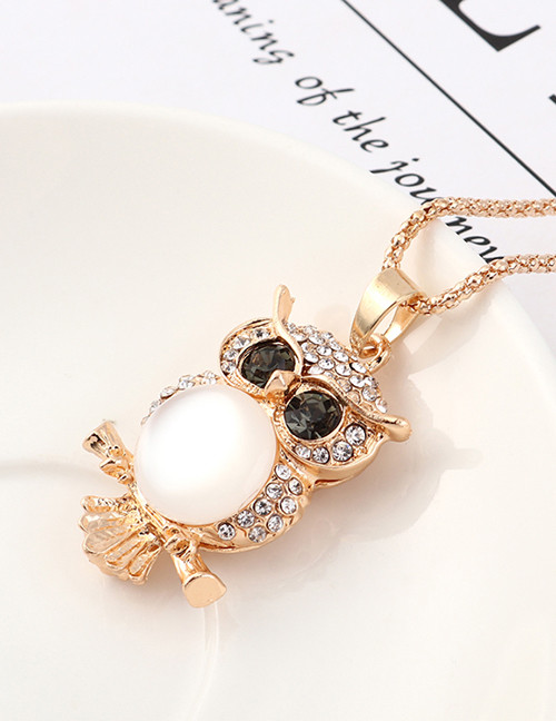 Fashion Champagne Gold Owl With Diamond Necklace