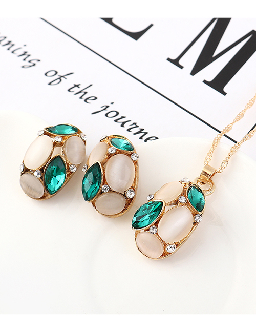 Fashion Green Opal Diamond Necklace Earring Set