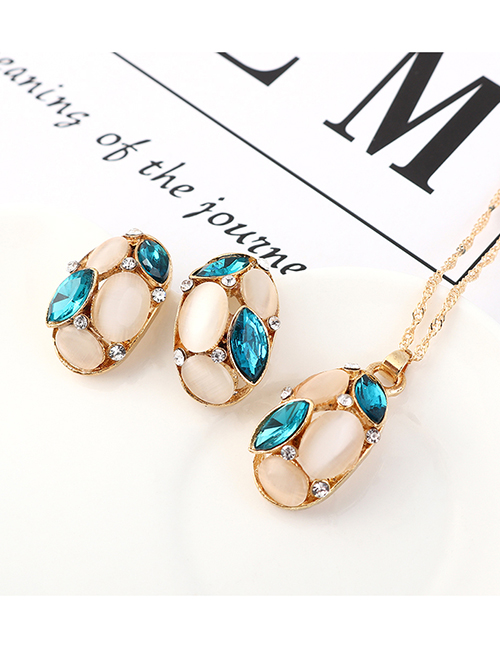 Fashion Blue Opal Diamond Necklace Earring Set