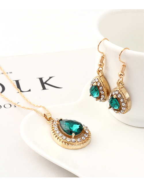Fashion Green Diamond Heart Necklace Earring Set