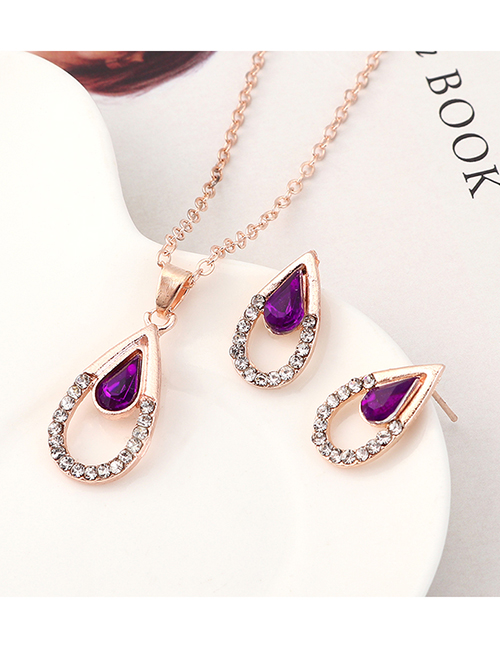Fashion Purple Diamond Heart Necklace Earring Set