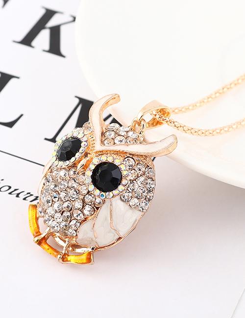 Fashion White Diamond Owl Head Necklace