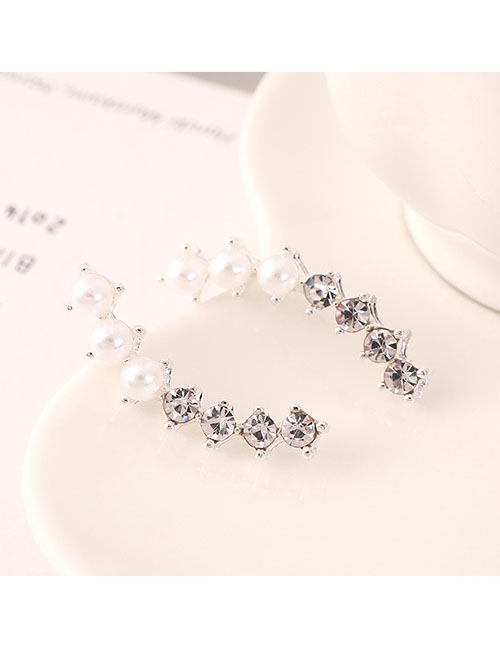Fashion Platinum Small Crescent Half Pearl And Rhinestone Stud Earrings