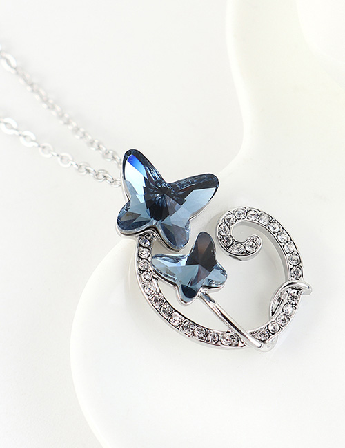 Fashion Denim Blue Geometric Double Bow Necklace With Diamonds