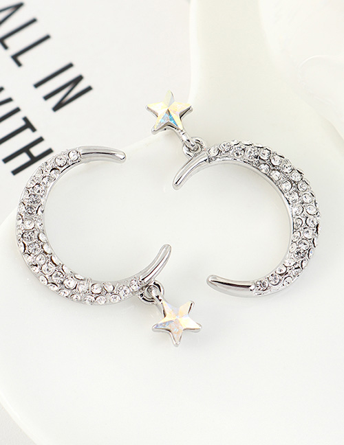Fashion Color White Diamond Pentagram Moon Ear Studs
