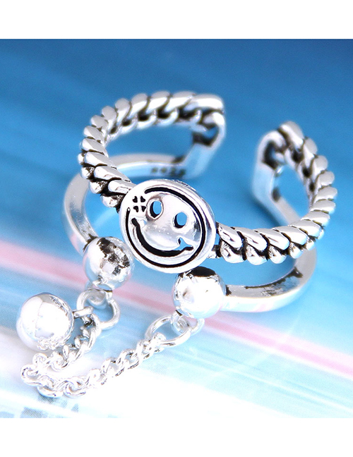 Fashion Silver Chain Hollow Geometric Round Smiley Open Ring
