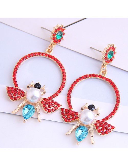 Fashion Red Metal Ring Bee And Diamond Pearl Earrings