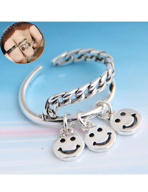 Fashion Silver Chain Stitching Hollow Smiley Open Ring