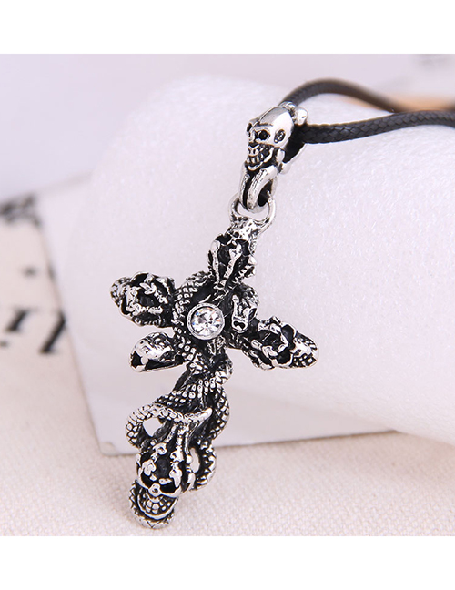 Fashion Silver Skull Cross Diamond Necklace For Men