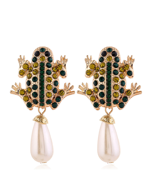 Fashion Golden Frog Drop-shaped Diamond-set Pearl Alloy Earrings