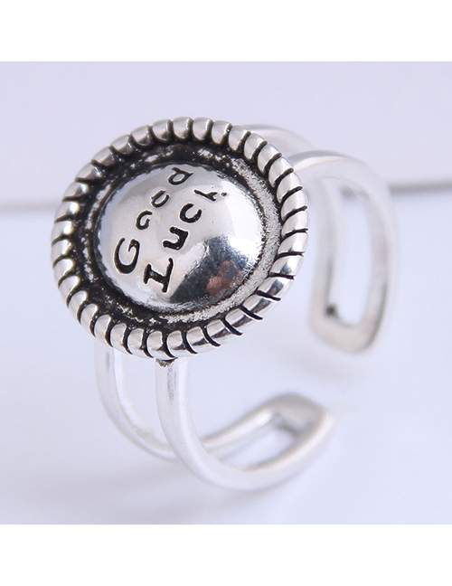 Fashion Silver Geometric Round Letter Relief Openwork Ring