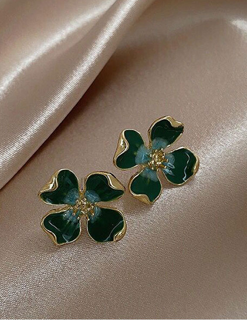 Fashion Dark Green Four-leaf Clover Alloy Drop Earrings