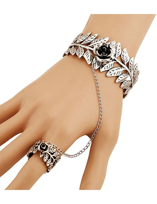 Fashion Silver Rose Flower Leaf Open Chain Ring Bracelet
