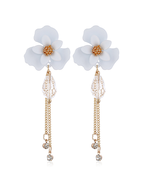 Fashion White Resin Flower Crystal Diamond Tassel Alloy Earrings