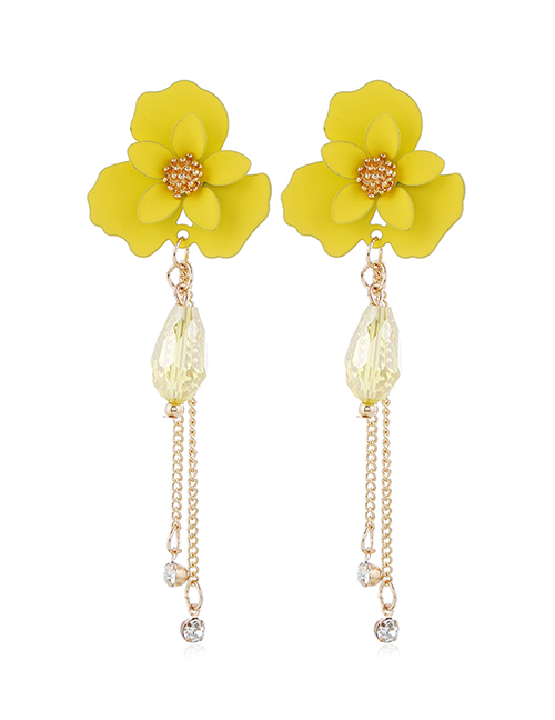Fashion Yellow Resin Flower Crystal Diamond Tassel Alloy Earrings