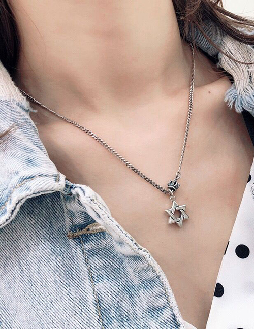 Fashion Silver Six Star Mandrel Crown Hollow Alloy Necklace