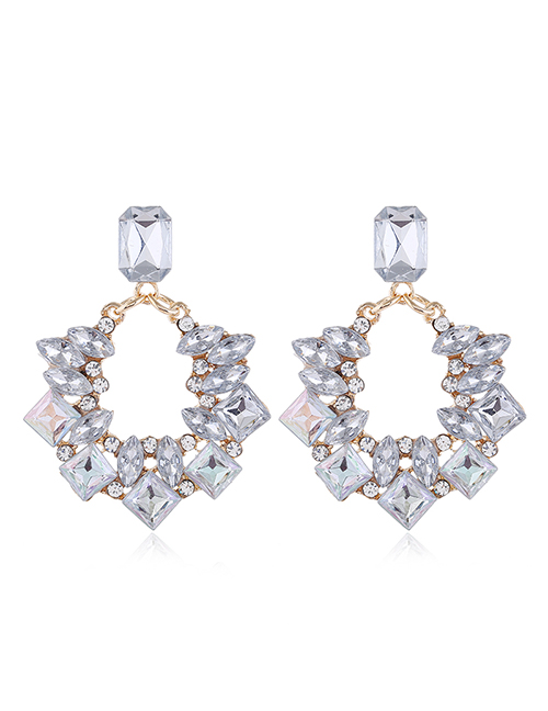 Fashion White Diamond Diamond-shaped Geometric Hollow Alloy Earrings