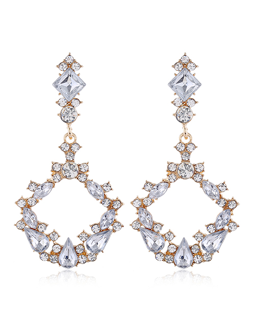 Fashion White Diamond Diamond-shaped Geometric Round Alloy Hollow Earrings