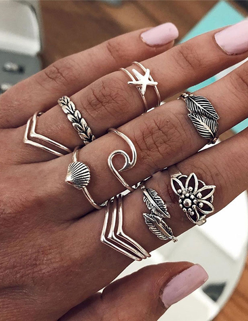 Fashion Silver Leaf Starfish Feather Shell Geometric Alloy Ring Set