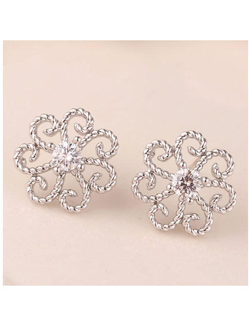 Fashion Silver Hollow Alloy Earrings With Diamond Flowers