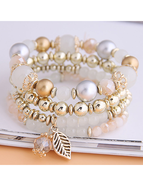Fashion White Crystal Bead Alloy Leaf Multi-layer Bracelet
